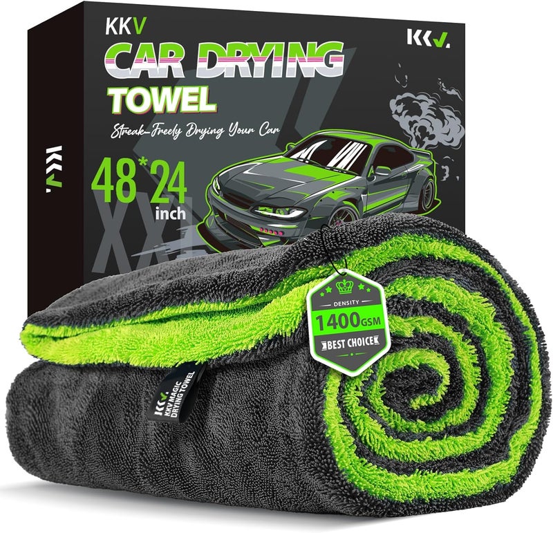 KKV Full-Sized SUV Drying Towel, 48”x24” Dual Sided Microfiber Car Cleaning Towel with Twisting Yarn Technique, 1400GSM Super Absorbent, Scratch-Free, Machine Washable (Darkgray-GreenYellow) - Image 1
